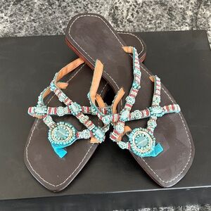 Beaded Turquoise Brown Leather Women's Sandals
